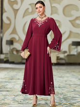 Pure Handwork Rhinestone Red Long Dress For Muslim Women Chic Hollow Out Full Sleeve Belted Dubai Moroccan Robe Burgundy Dress